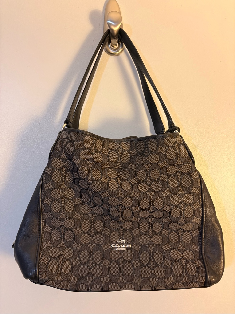 Coach Brown Signature Canvas Shoulder Bag with Black Trim